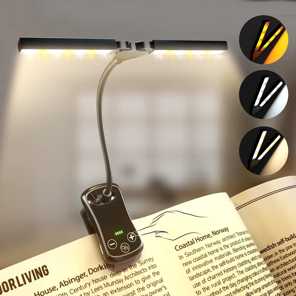 "Rechargeable 14-LED Touch Control Book Light | 3 Color Modes & 8 Brightness Levels for Reading"