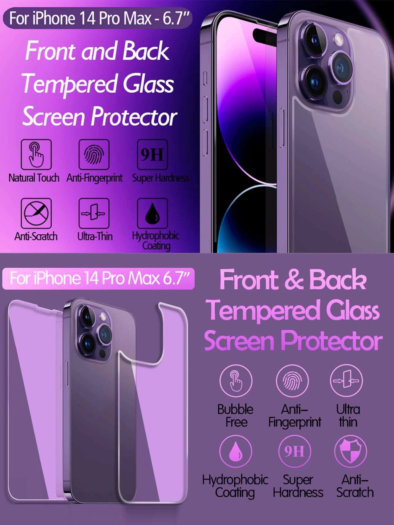 2-Pack Clear Tempered Glass Screen Protector + Back Protector Compatible with Iphone 14 6.1", Iphone 13/13 Pro 6.1", Iphone 15/15 Pro Max, Iphone 16/16 Pro/16 Pro Max