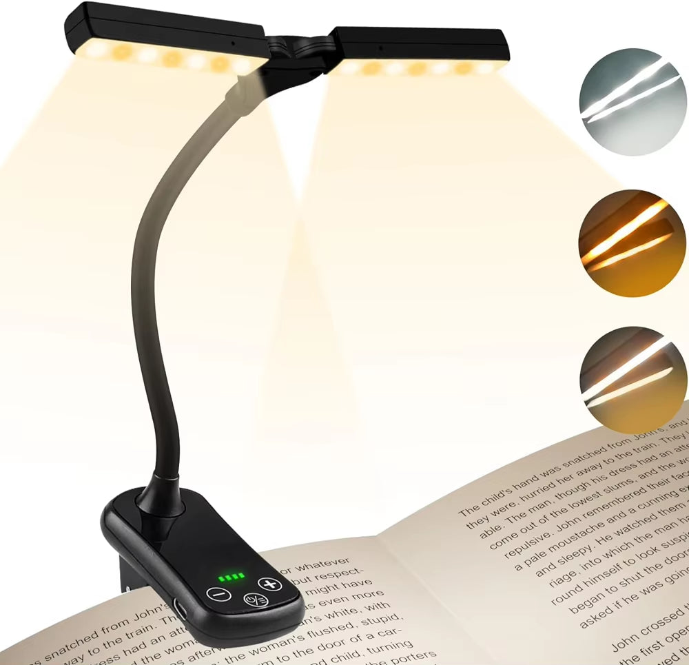 "Rechargeable 14-LED Touch Control Book Light | 3 Color Modes & 8 Brightness Levels for Reading"