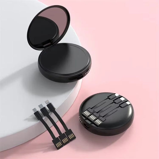 "Portable Power Bank with Built-In Makeup Mirror & 3-in-1 Charging Cables | Compact & Stylish Mobile Charger"