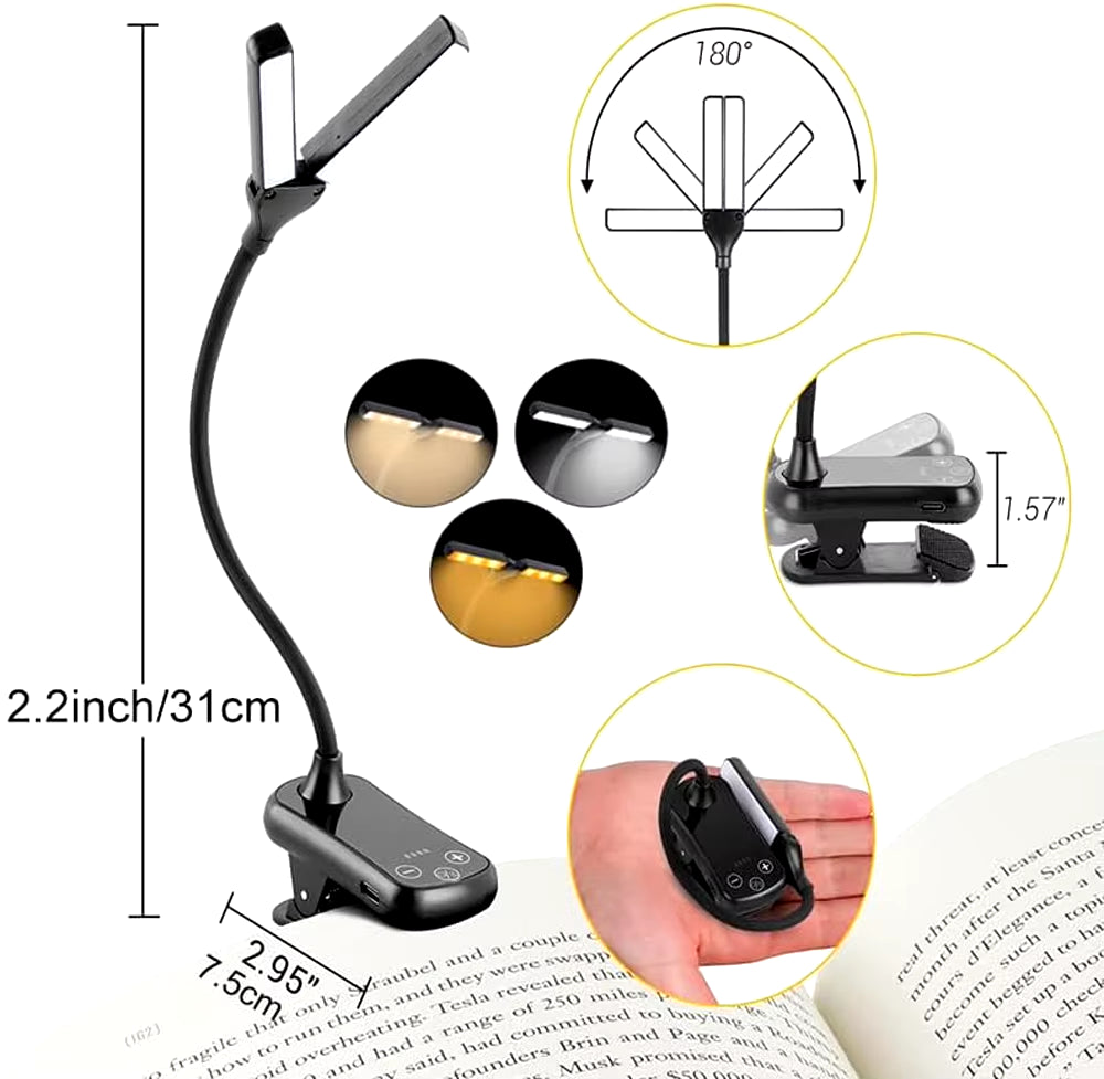 "Rechargeable 14-LED Touch Control Book Light | 3 Color Modes & 8 Brightness Levels for Reading"