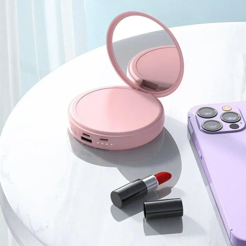 "Portable Power Bank with Built-In Makeup Mirror & 3-in-1 Charging Cables | Compact & Stylish Mobile Charger"