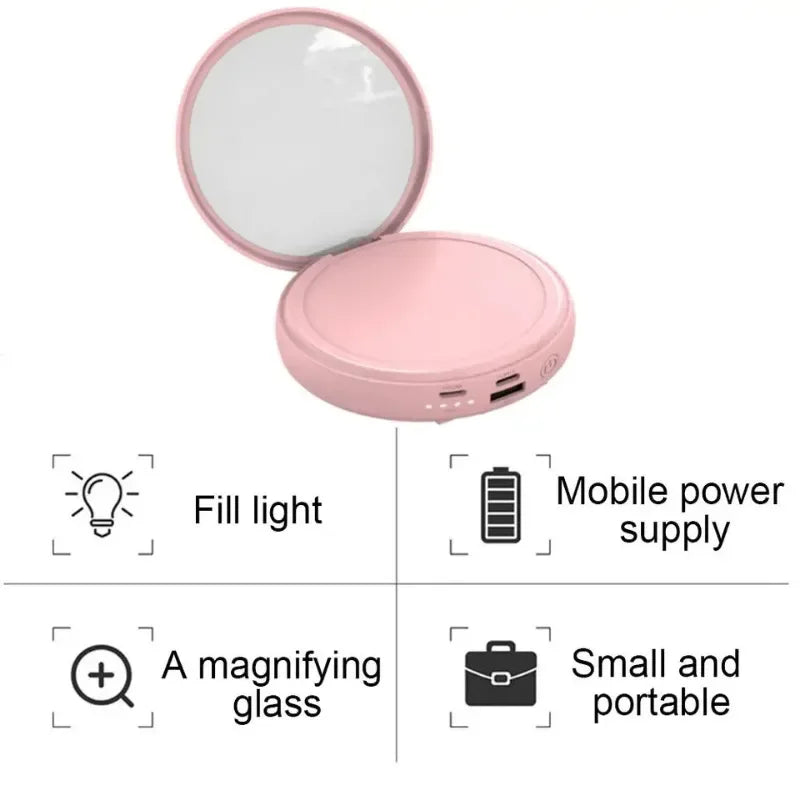 "Portable Power Bank with Built-In Makeup Mirror & 3-in-1 Charging Cables | Compact & Stylish Mobile Charger"