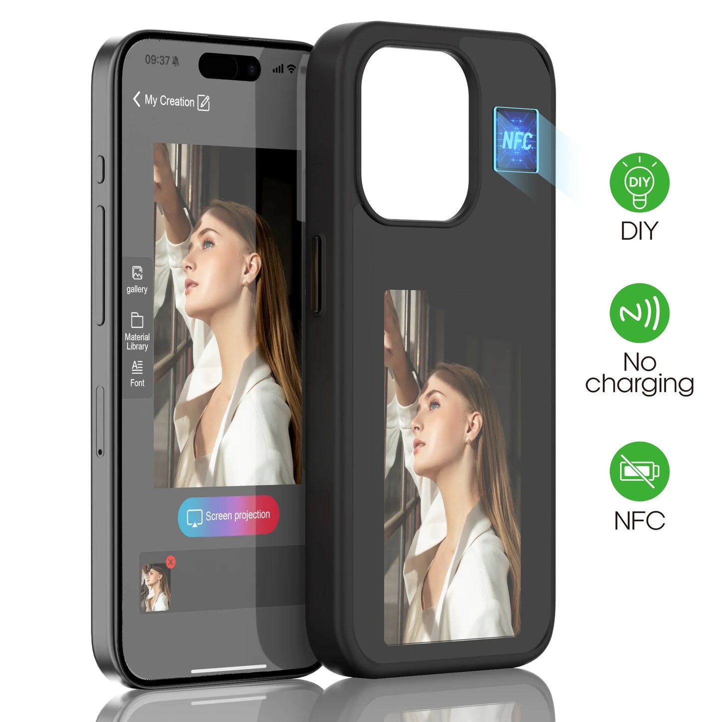 E-Ink Screen NFC-Enabled Phone Case for iPhone 15/14/13 Pro Max - 3.7-Inch Wireless Transmission Accessory