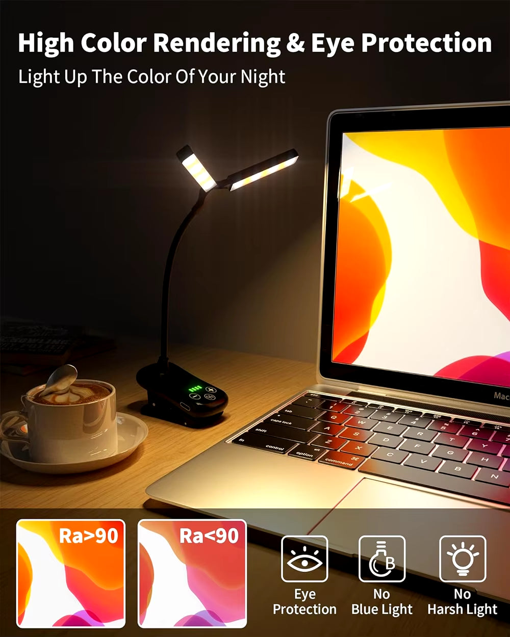 "Rechargeable 14-LED Touch Control Book Light | 3 Color Modes & 8 Brightness Levels for Reading"